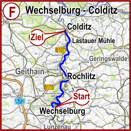 Übersichtskarte Strecke F Bootsvermietung Mulde-Fluss Streckenkarte von Wechselburg über Rochlitz bis Lastauer Mühle Colditz