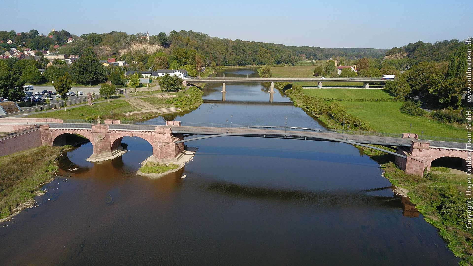 2-Tages-Paddeltour "L" Leisnig - Grimma bis Schloss Trebsen oder Wurzen - im Bild die Pöppelmannbrücke in Grimma, welche zum Jahrhunderthochwasser 2002 t.w. zerstört wurde