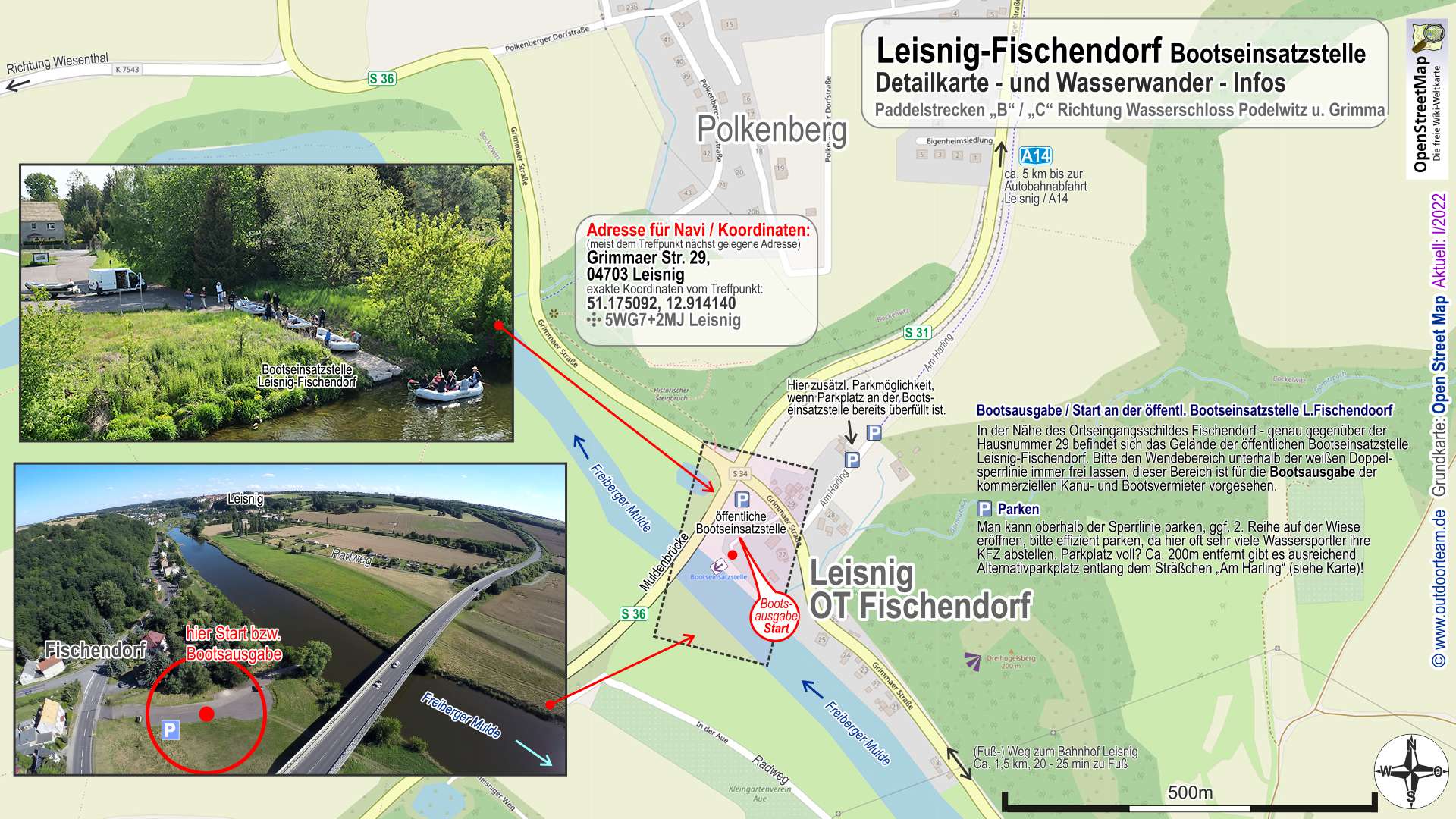 Detailkarte und Wasserwander-Info Bootseinstiegstelle Leisnig Fischendorf am Fluss Freiberger Mulde