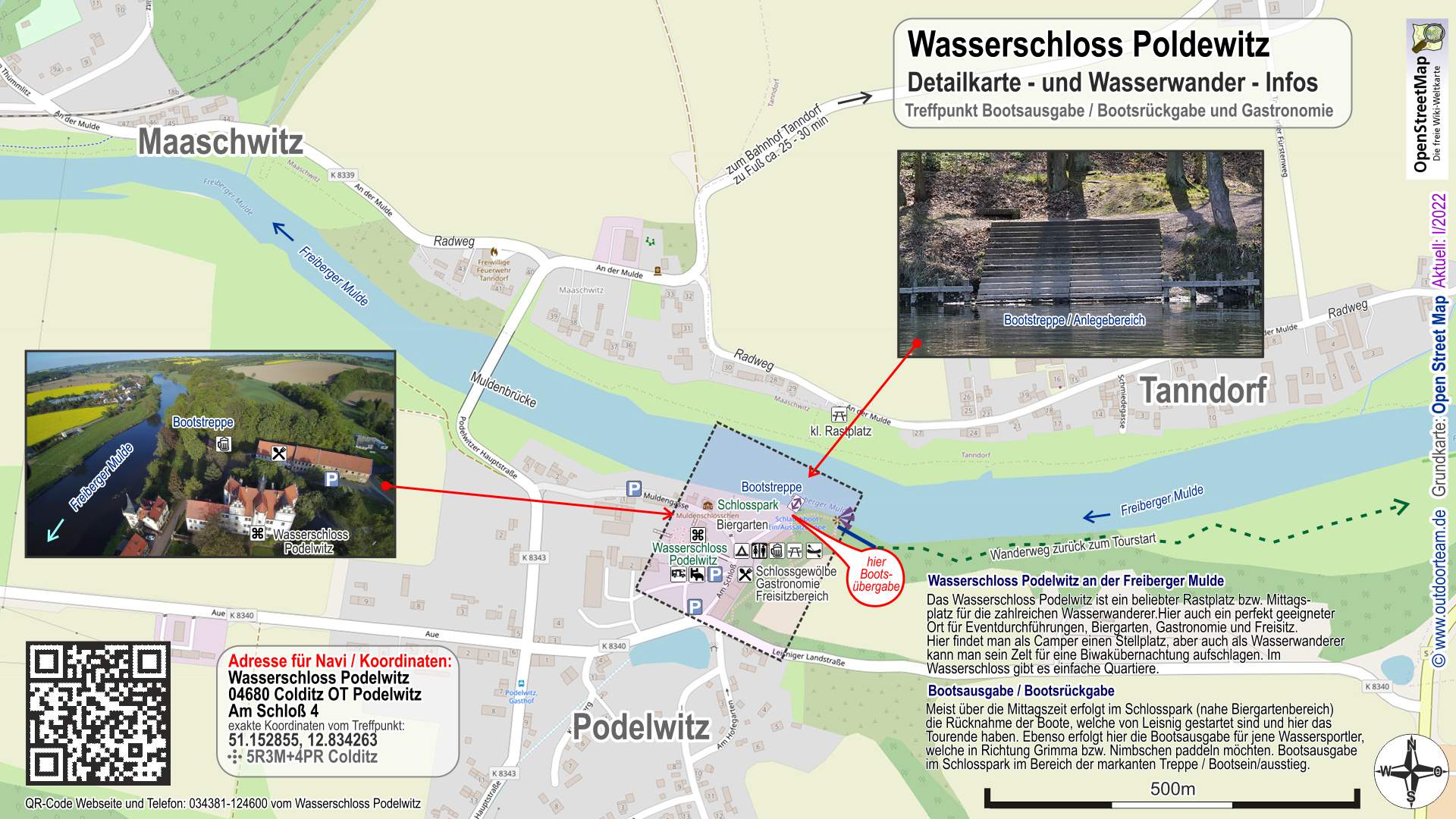 Detailkarte und Wasserwander-Info Wasserschloss Podelwitz am Fluss Freiberger Mulde