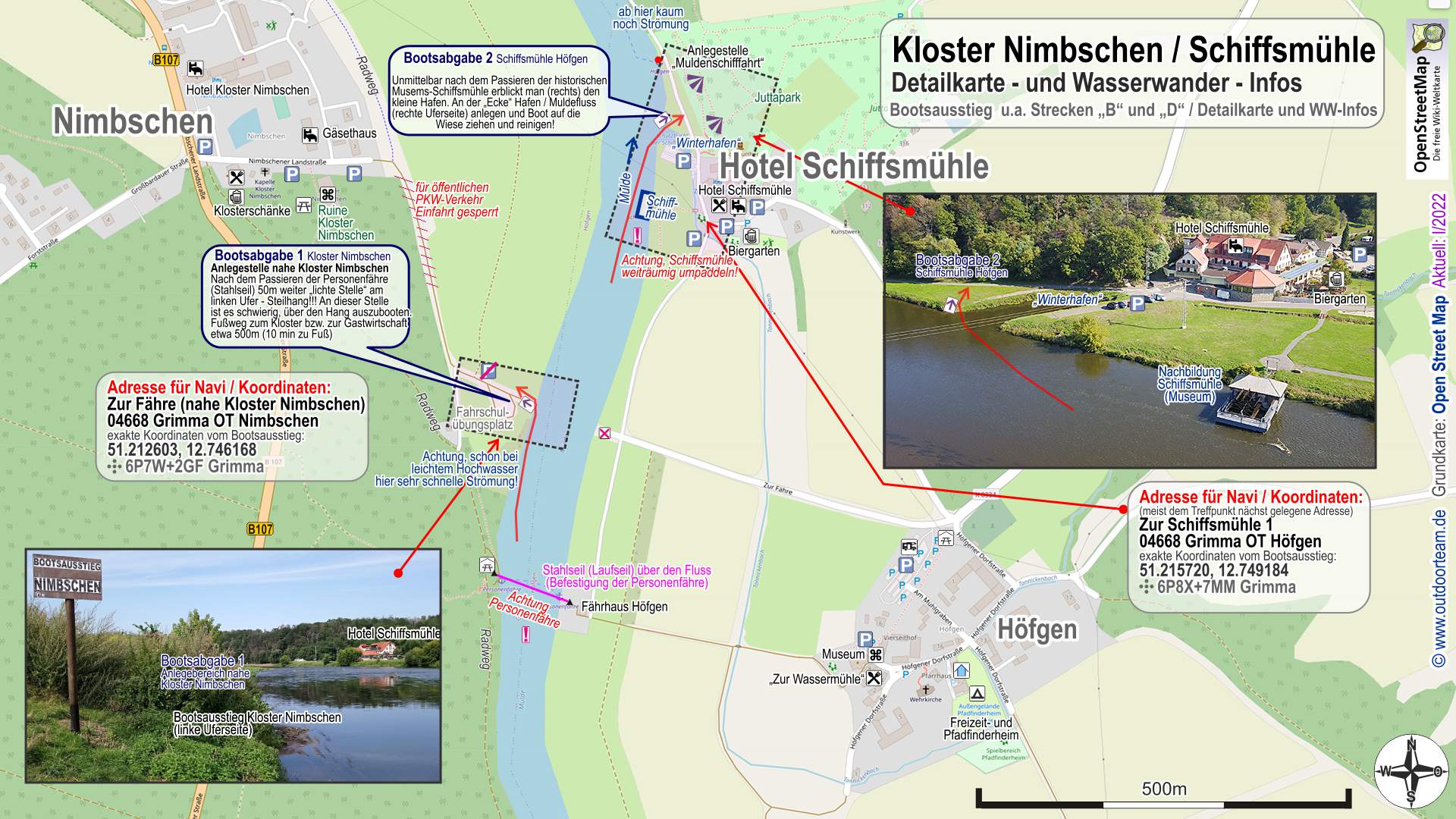 Detailkarte und Wasserwander-Info Bootsausstieg Kloster Nimbschen und Schiffsmühle Höfgen am Mulde - Fluss