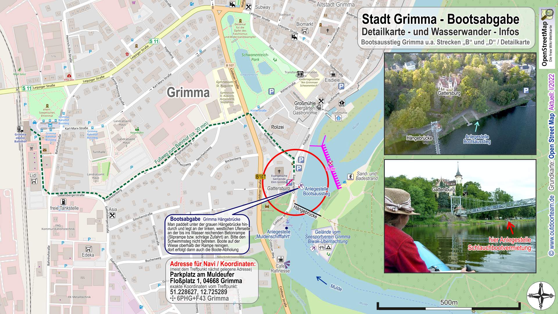 Detailkarte und Wasserwander-Info Bootsausstieg Grimma nahe Stadtwehr bzw. Hängebrücke am Mulde - Fluss
