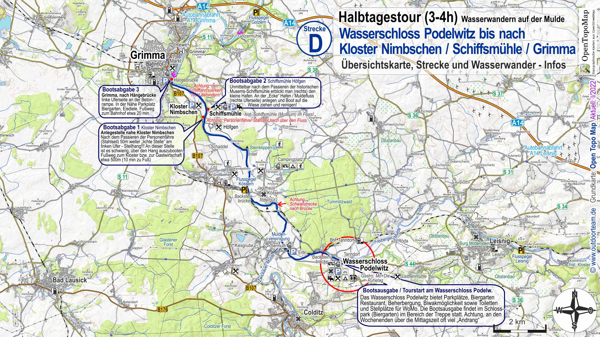 Streckenkarte und Wasserwanderinfo Strecke D ab Wasserschloss Podelwitz bis nach Grimma am Muldefluss
