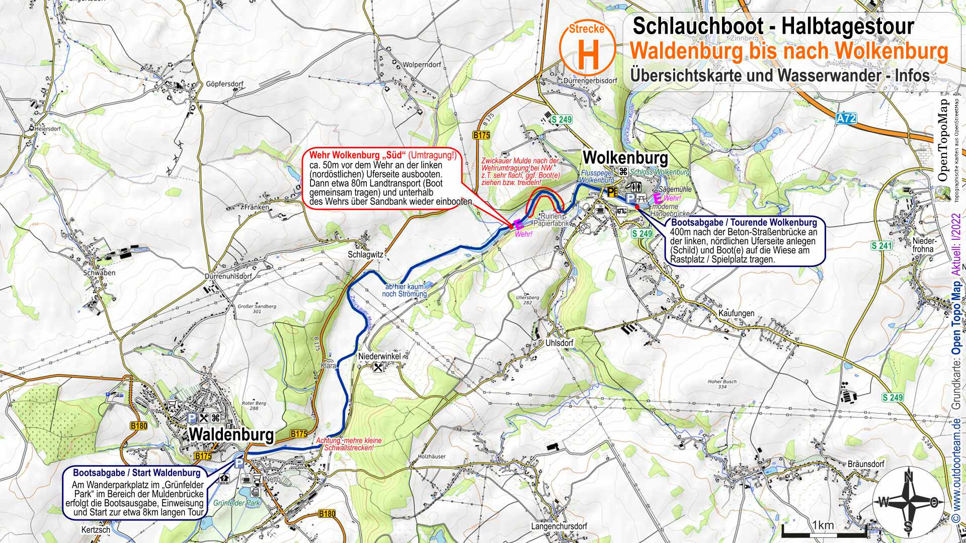 Streckenkarte und Wasserwanderinfo Strecke H von Waldenburg bis nach Wolkenburg am Fluss Zwickauer Mulde