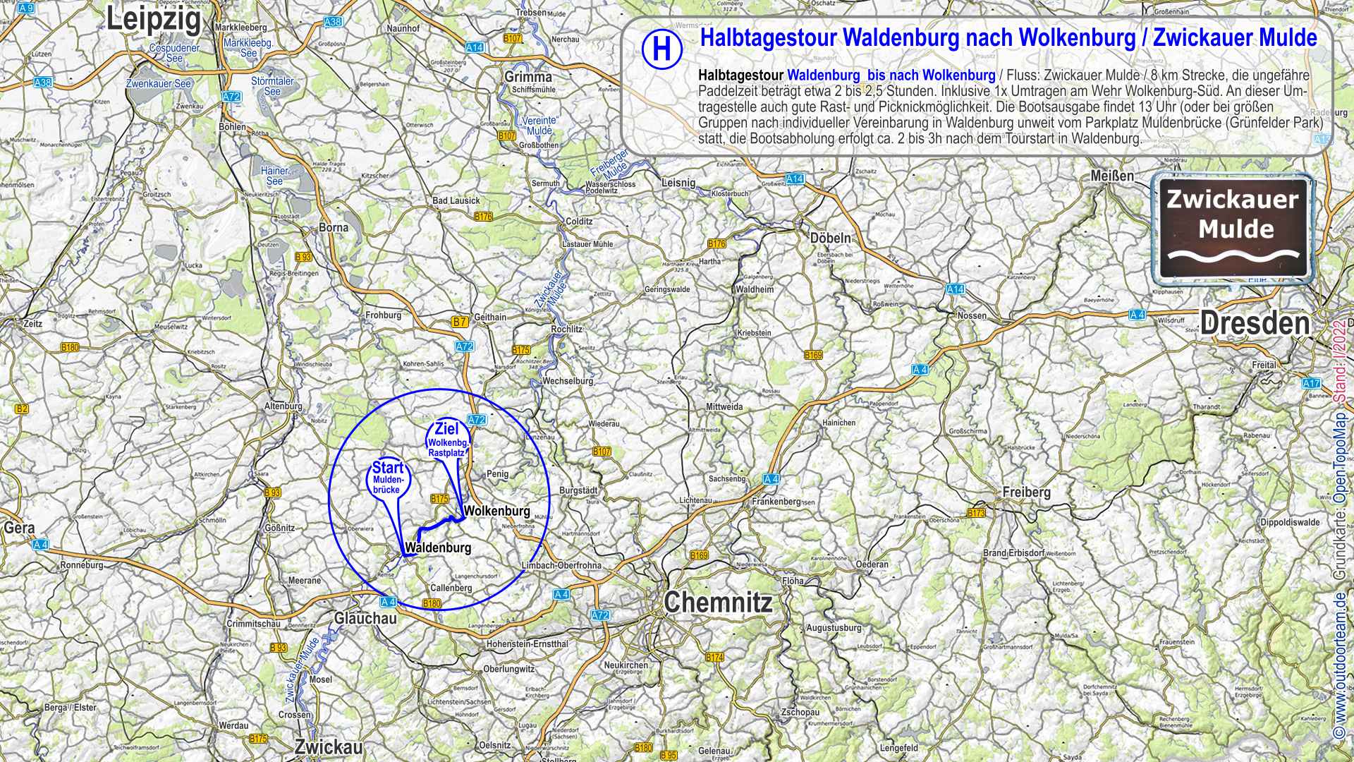 Übersichtskarte (Sachsen) - Bootsvermietung Streckenübersicht Strecke G von Waldenburg bis nach Wolkenburg auf dem Fluss Zwickauer Mulde