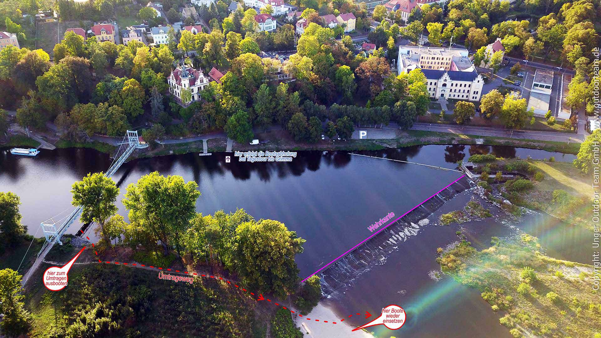 Luftbild Stadt Grimma, Bootsausstieg nahe der Hängebrücke (Bootsabgabe der "Tagespaddler" auf dem Mulde-Fluss)