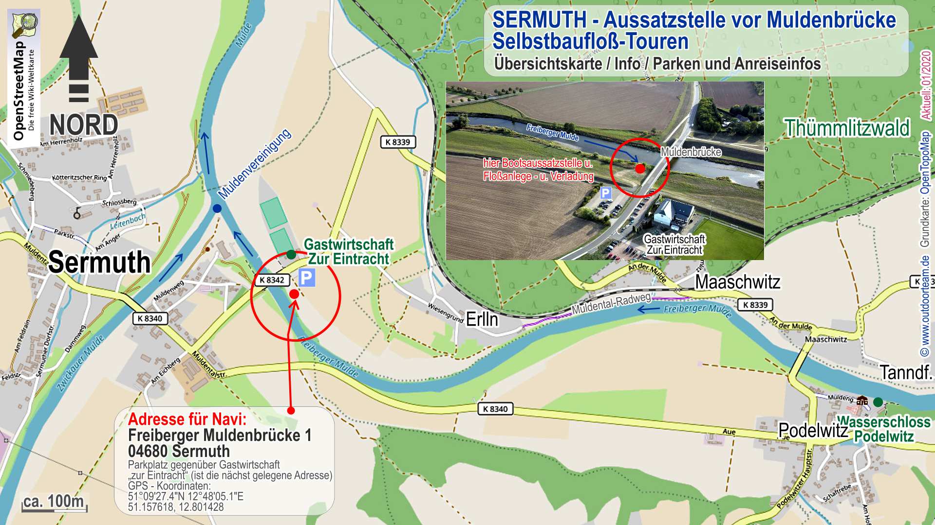 Sermuth - Tourende der Selbstbaufloßtour auf der Freiberger Mulde - Detailkarte bzw. genauer Ortsplan mit Navi-Adresse und Koordinaten