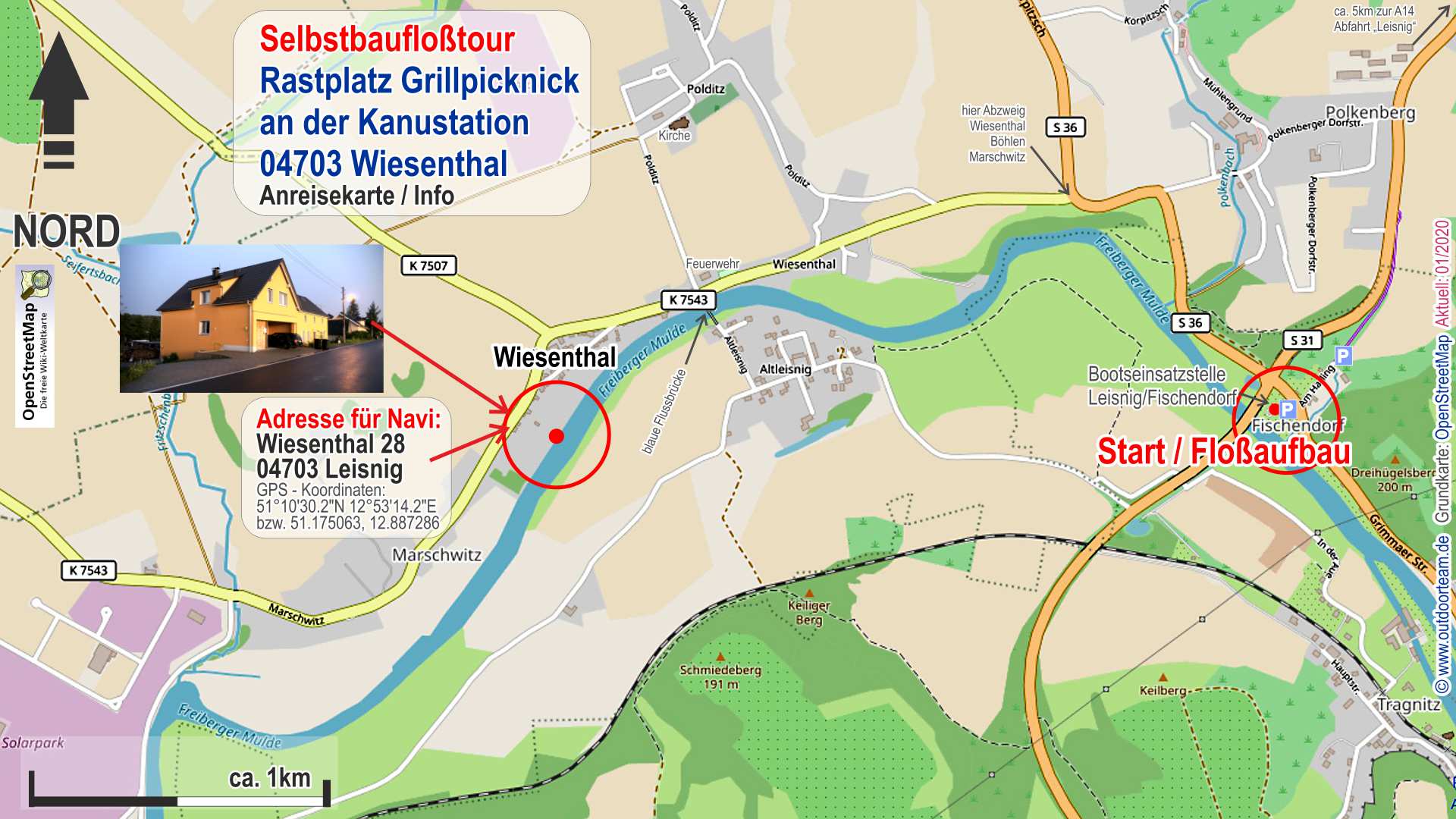 Mittagsraststelle Grillplatz in 04703 Wiesenthal (Gelände der Gruppenherberge) - Detailkarte bzw. genauer Ortsplan mit Navi-Adresse und Koordinaten