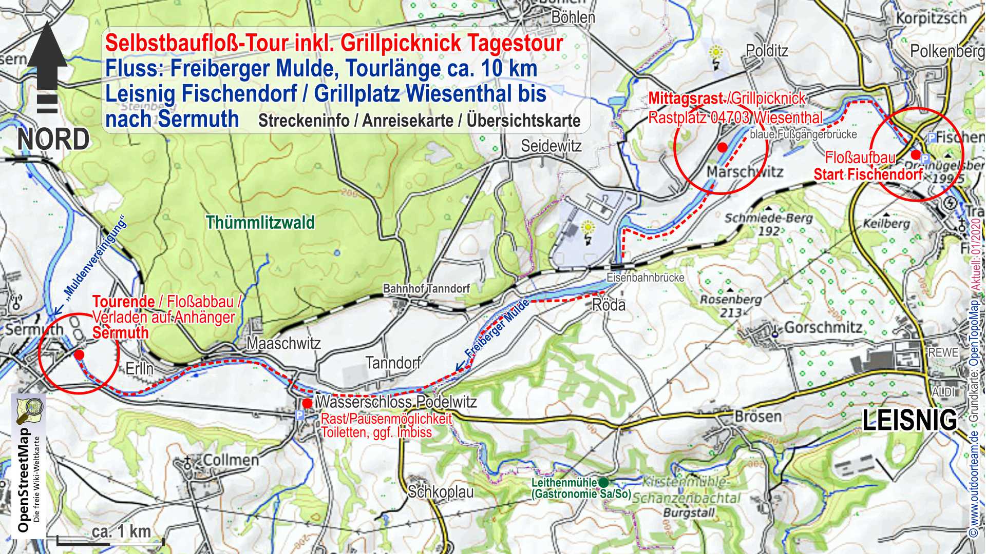 Topografische Landkarte - Übersichtskarte mit dem Streckenverlauf des Tourangebotes Selbstbau-Floßtour auf der Freiberger Mulde in Sachsen