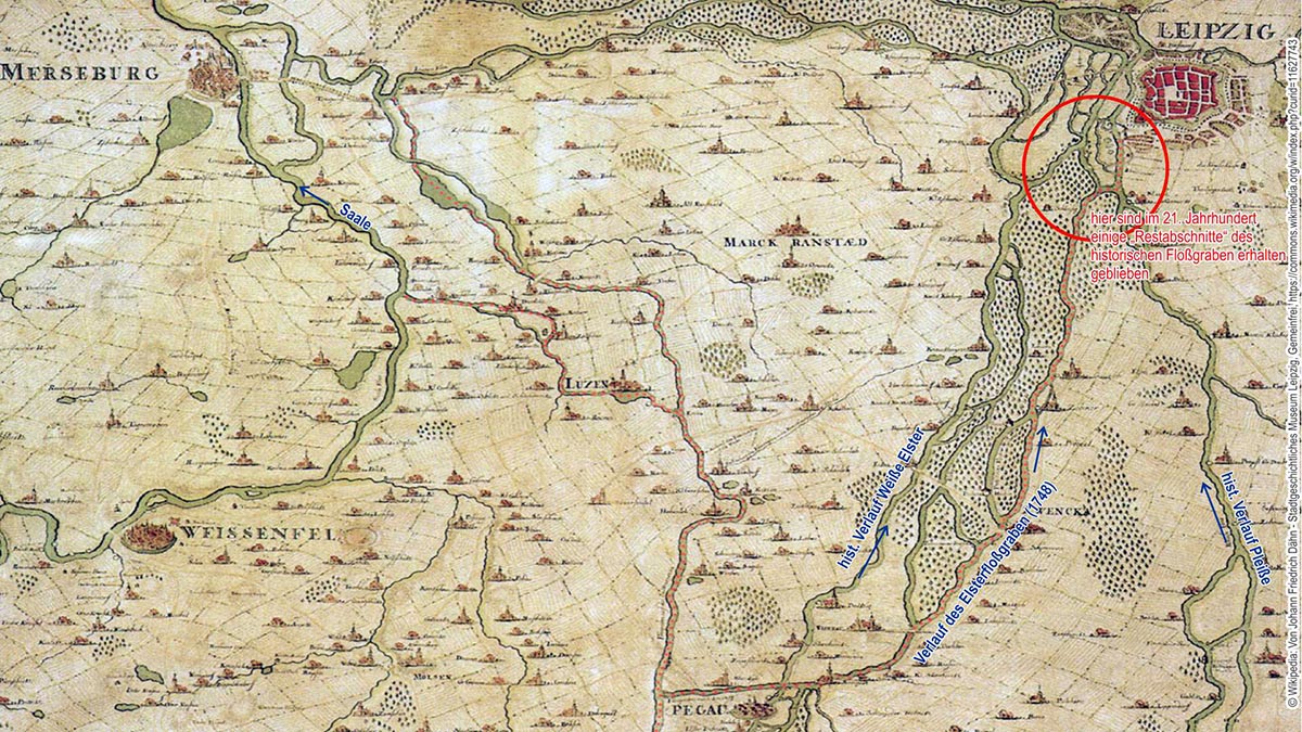 Historische Karte (etwa 1750) Südraum Leipzig mit eingezeichneten Floßgräben. Rot markiert der Bereich des Selbstbau Floßangebotes in Leipzig.