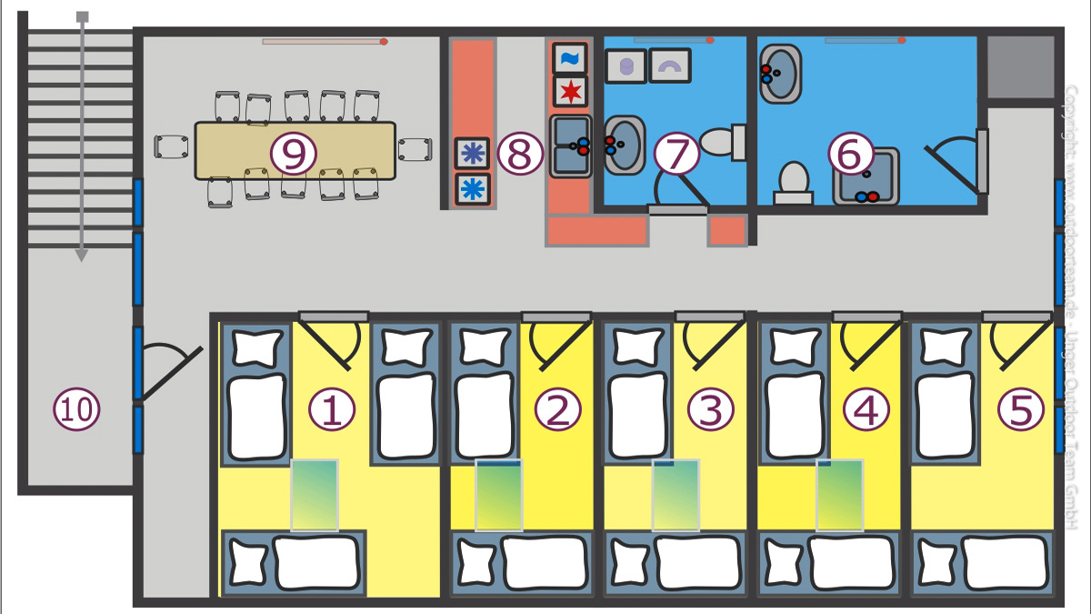 Zimmerplan der Ferienwohnung Klosterbuch. 1 - 5 = Schlafzimmer, 6 und 7 = Sanitärbereiche, 8 = Küche sowie 9 der Aufenthaltsbereich.