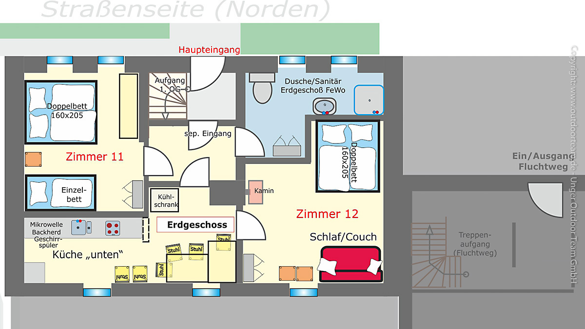 Zimmerplan Erdgeschoss (EG) Gruppenherberge Ferienhaus in 04703 Wiesenthal nahe Leisnig