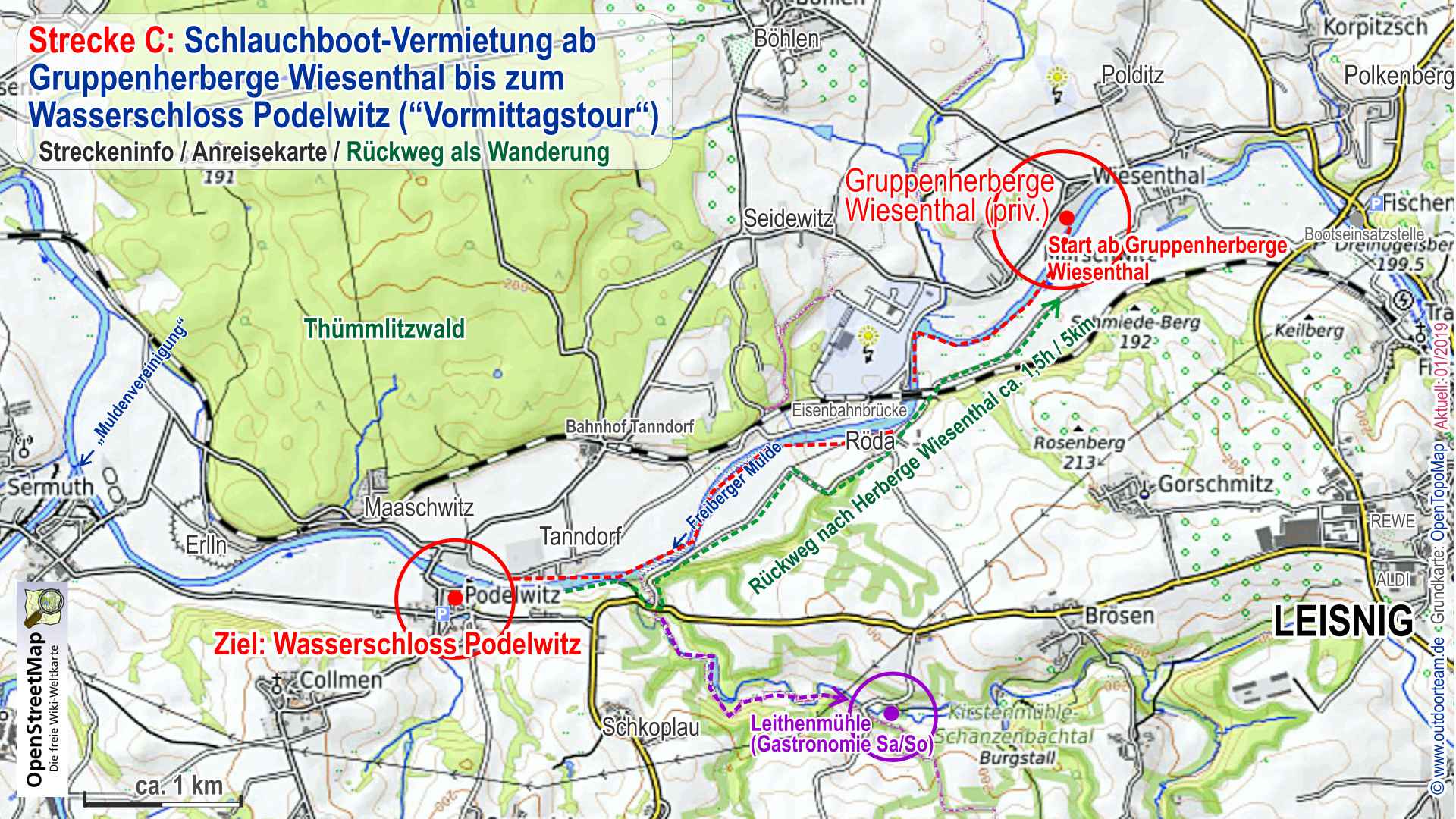 Karte: kleine Schlauchboottour nach Wasserschloss Podelwitz und Wanderweg zurück zur Herberge Wiesenthal
