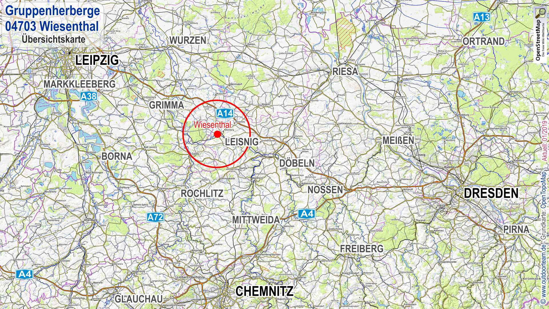 Übersichtskarte Sachsen mit rot markiertem Standort der Gruppenherberberge in 04703 Wiesenthal