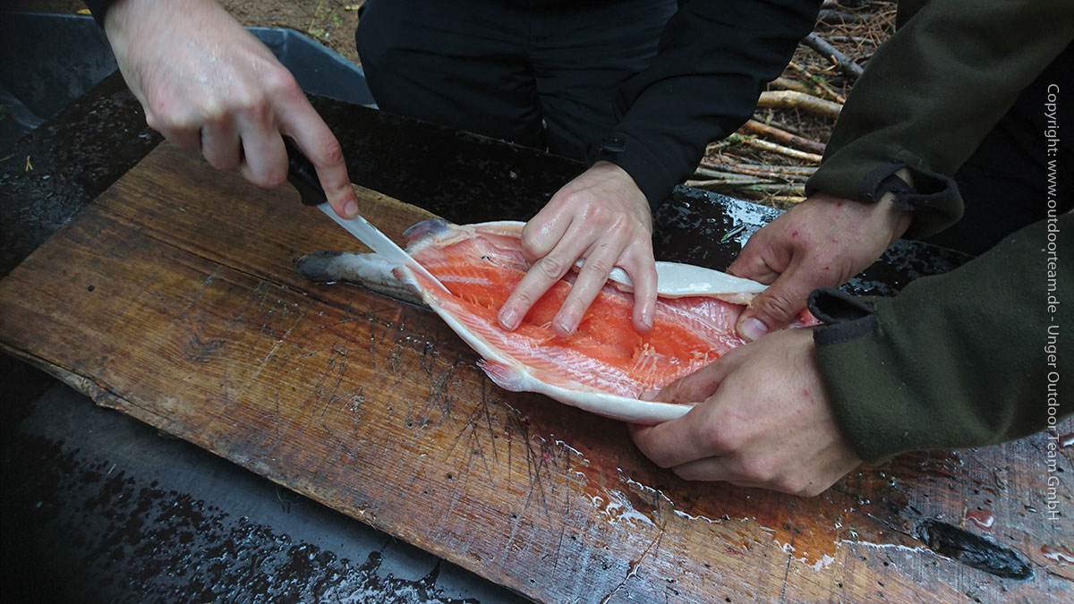 Für das Ausnehmen und halbieren des großen Lachsfisches wird ein sehr, sehr scharfes Messer benötigt.