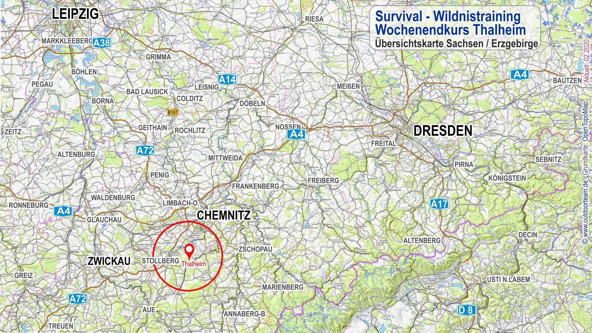 Übersichtskarte Sachsen / Erzgebirge mit markiertem Standort des Survivalkurs in Thalheim.