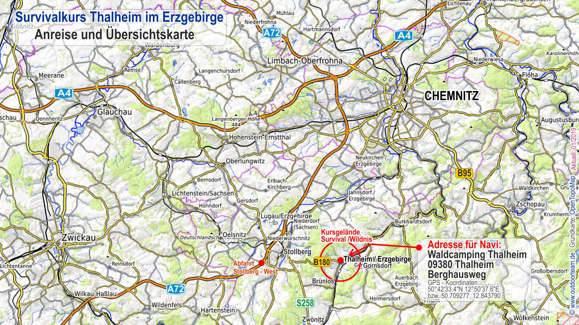 Übersichtskarte mittleres Erzgebirge / Chemnitz mit den Anreiseinfos von der Autobahn A72 bis zum Treffpunkt nach Thalheim