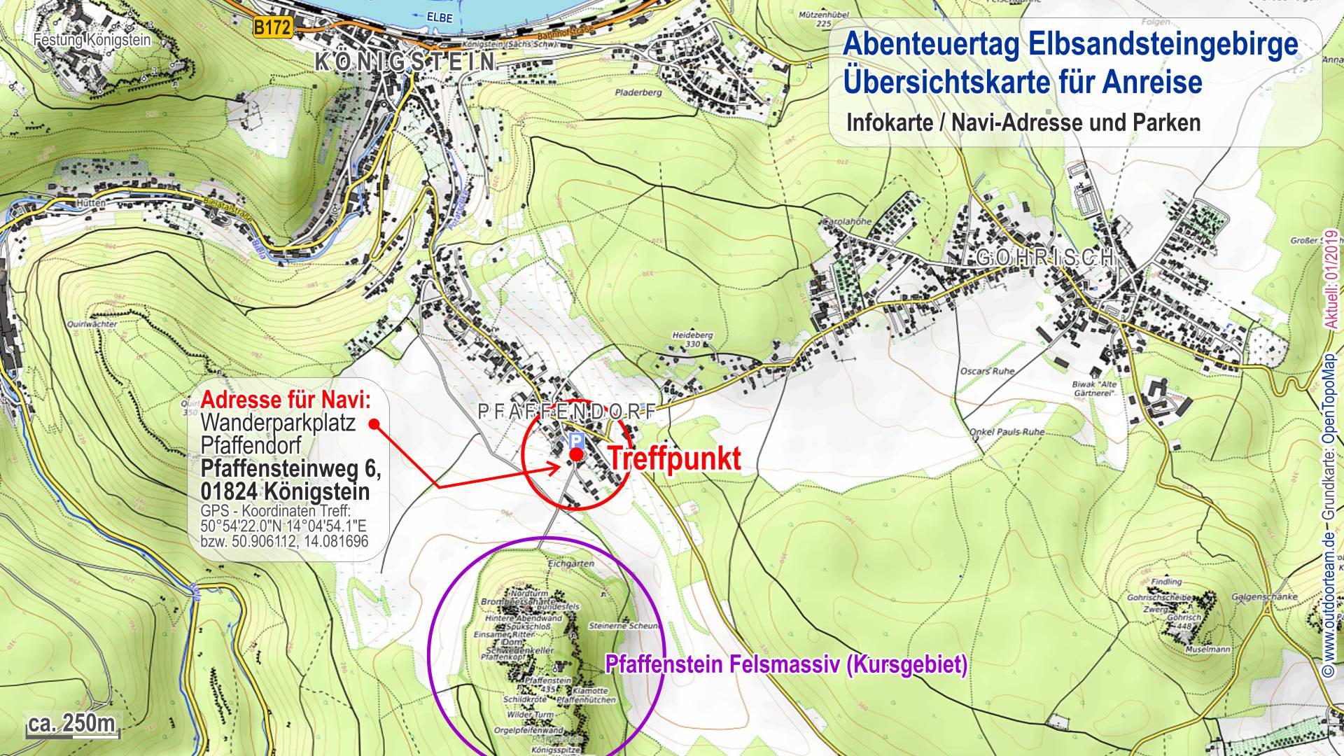 genaue Karte / Ortsplan Treff Parkplatz Pfaffendorf und  Kursgebiet Pfaffenstein im Elbsandsteingebirge
