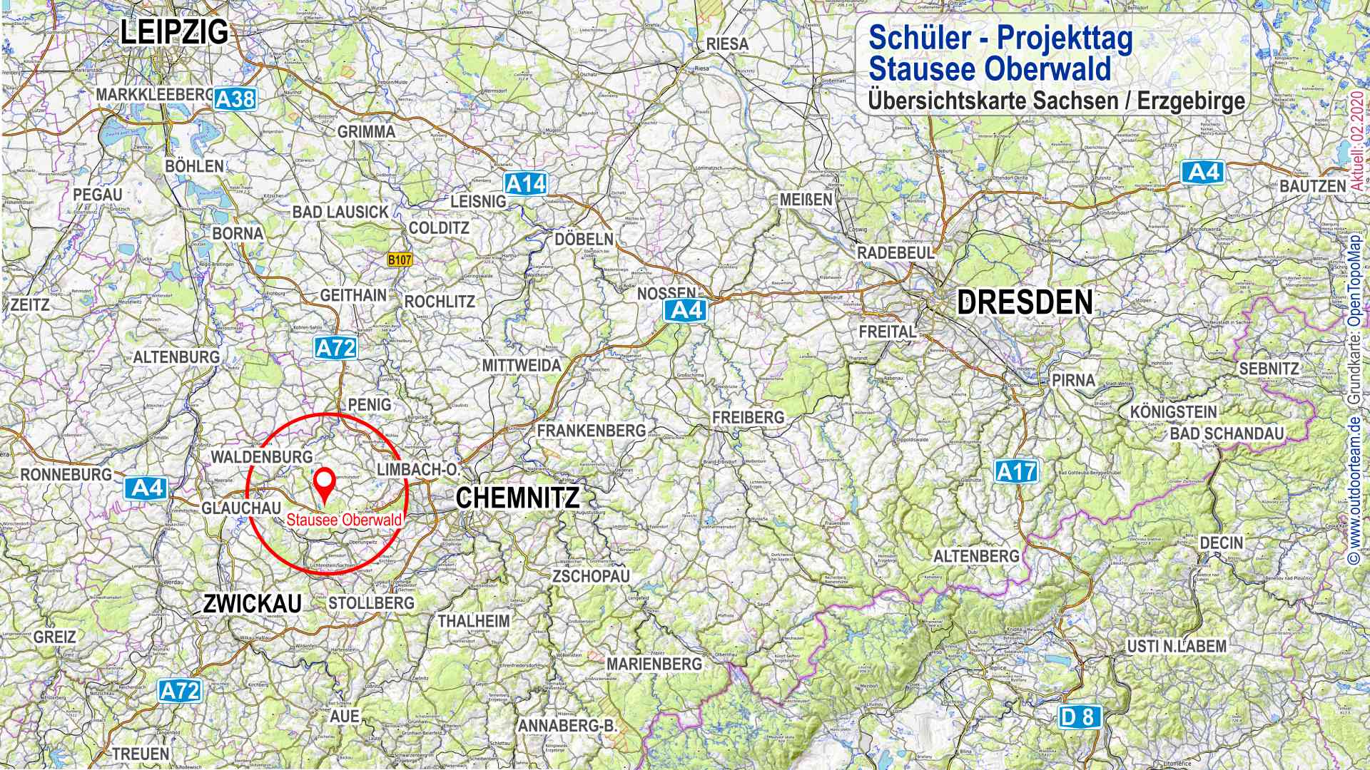 Überischtskarte Sachsen mit rot markiertem Standort Stausee Oberwald zwischen den Städten Chemnitz und Glauchau.