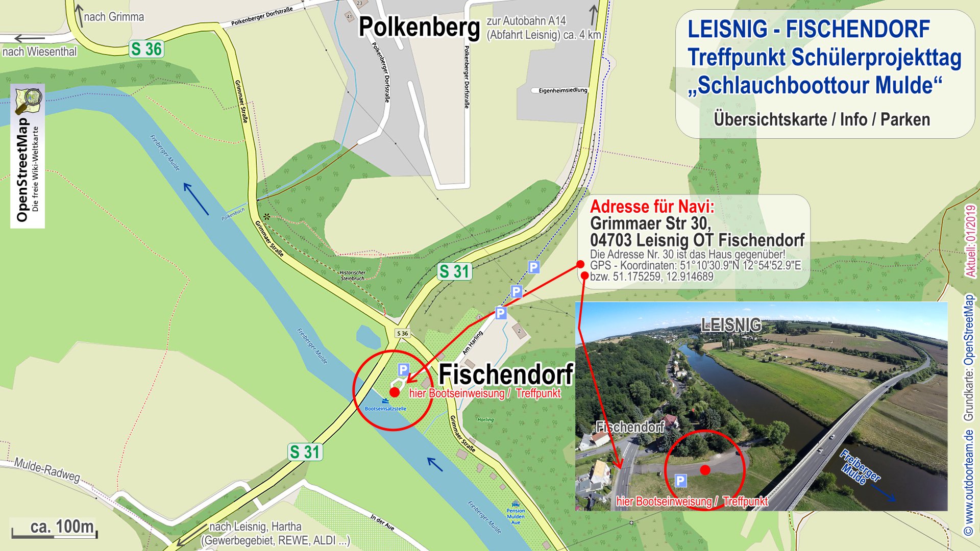 Treffpunkt und Beginn des Schüler-Projekttages an der öffentlichen Bootseinsatzstelle in Leisnig - Fischendorf.