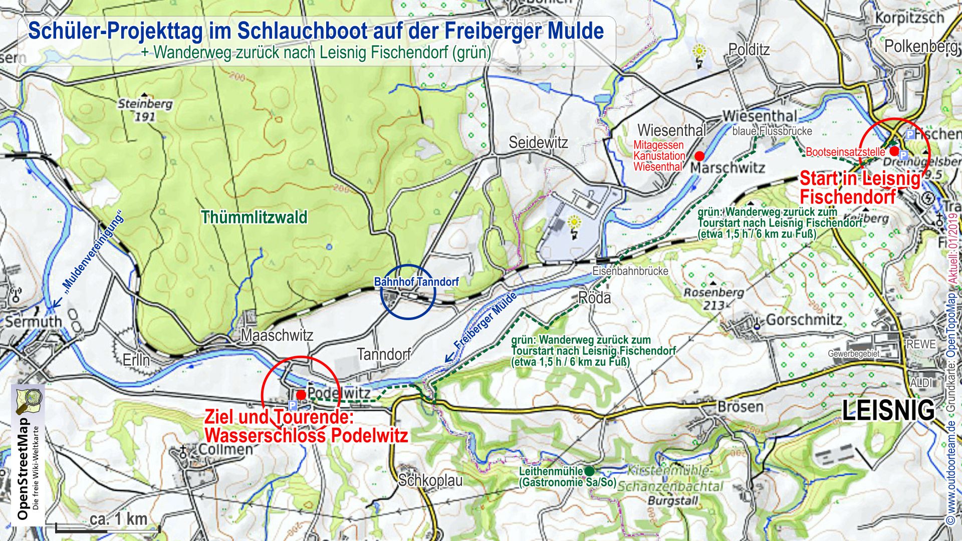 Streckenverlauf und regionale Karte Schüler - Projekttag Schlauchboottour auf der Freiberger Mulde (inkl. grün markierter Rückwanderweg)