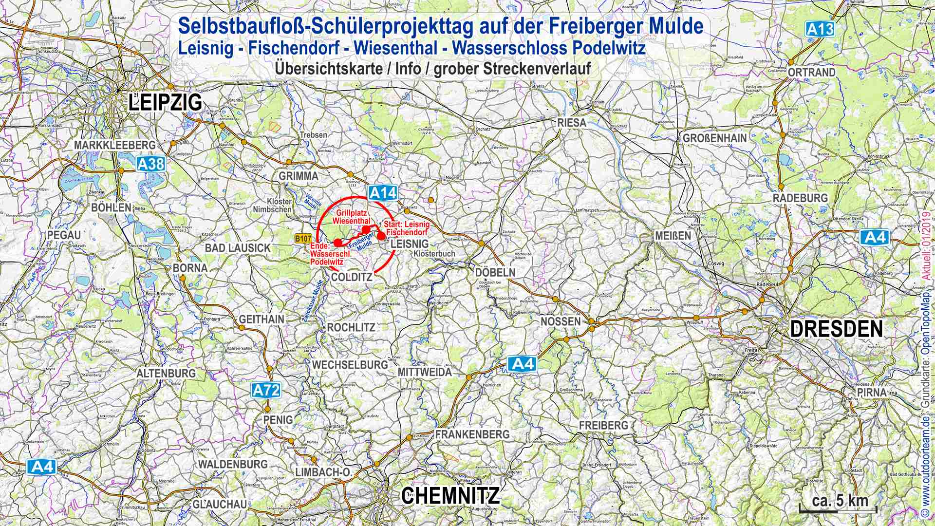 Übersichtskarte Sachsen mit markiertem Streckenverlauf  Schüler-Projekttag Selbstbaufloß auf der Freiberger Mulde.