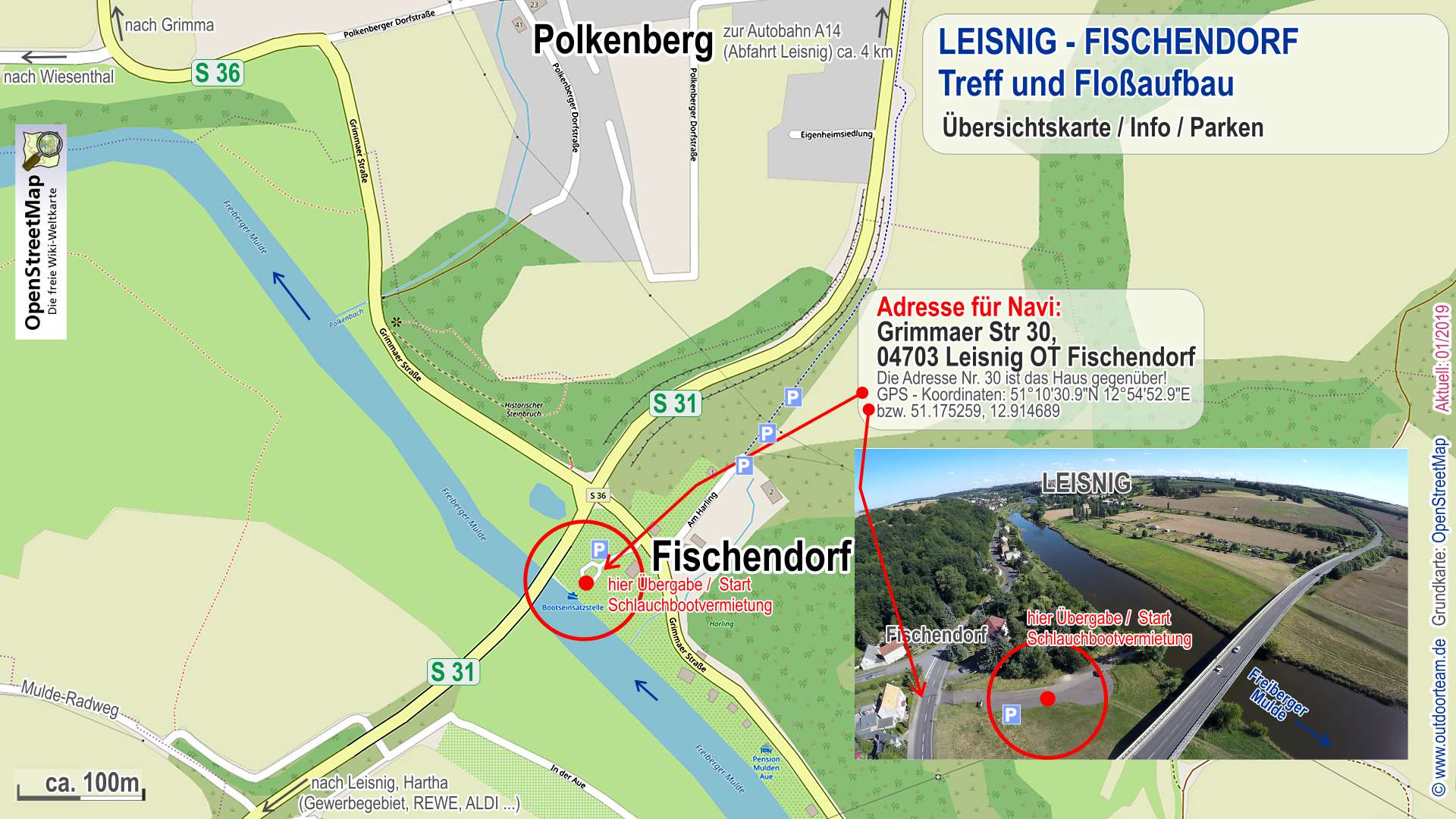 Detailkarte öffentliche Bootseinsatzstelle Leisnig-Fischendorf - hier ist auch Treffpunkt und Aufbau Schülerprojekttag Selbstbaufloß.