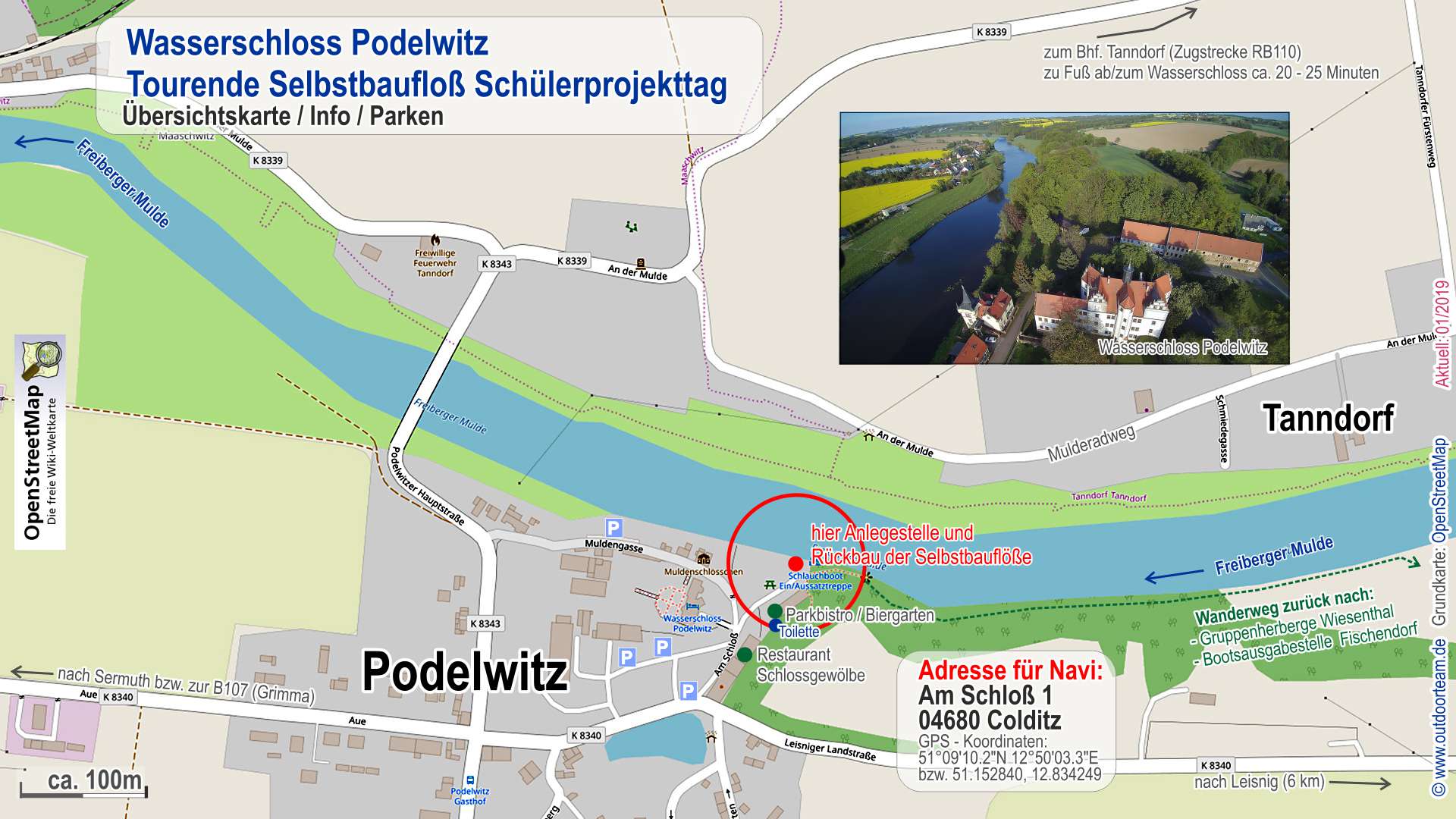 Genauer Ortsplan Übersichtskarte Wasserschloss Podelwitz - Tourende Selbstbau-Floßtour auf der Mulde - Schülerprojekttag.