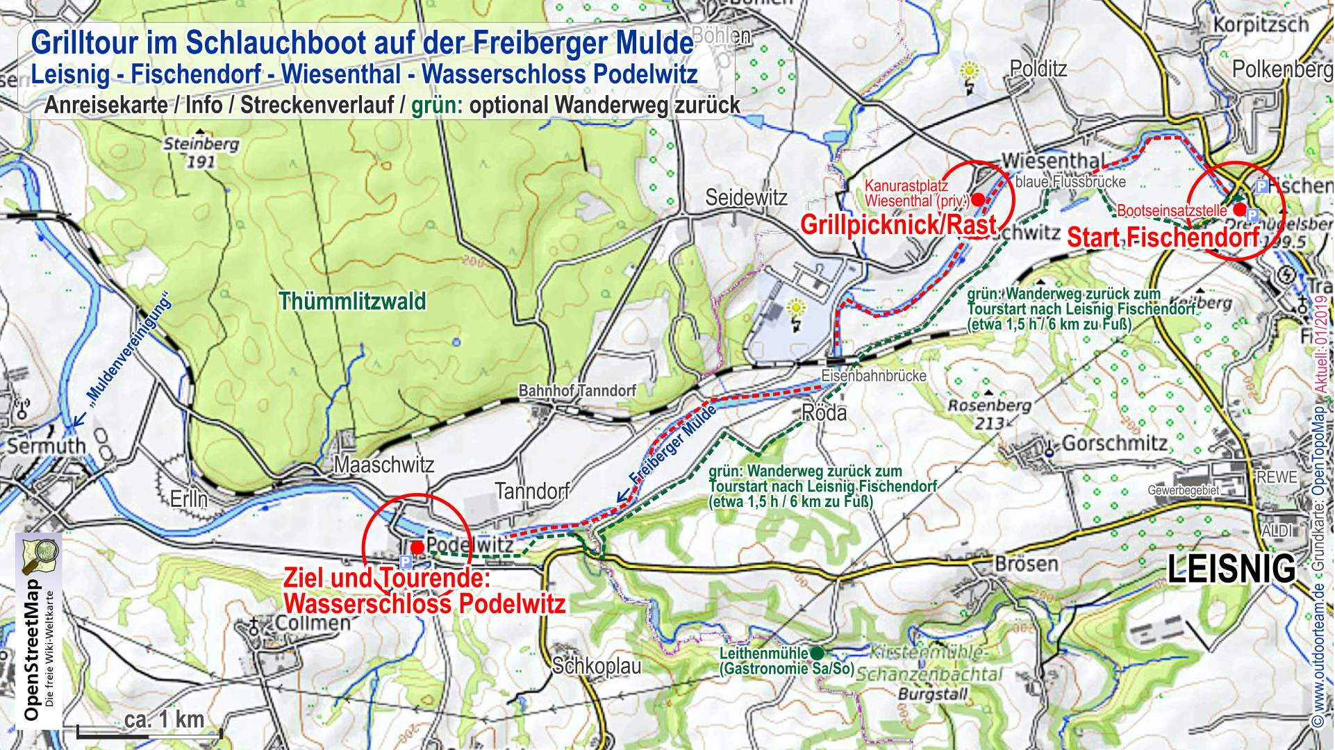 Detailkarte vom Streckenverlauf Grilltour Mulde (rot). Grün markiert ist der Rückweg als Wanderung entlang des Muldental-Radweges zum Ausgangspunkt Leisnig Fischendorf.