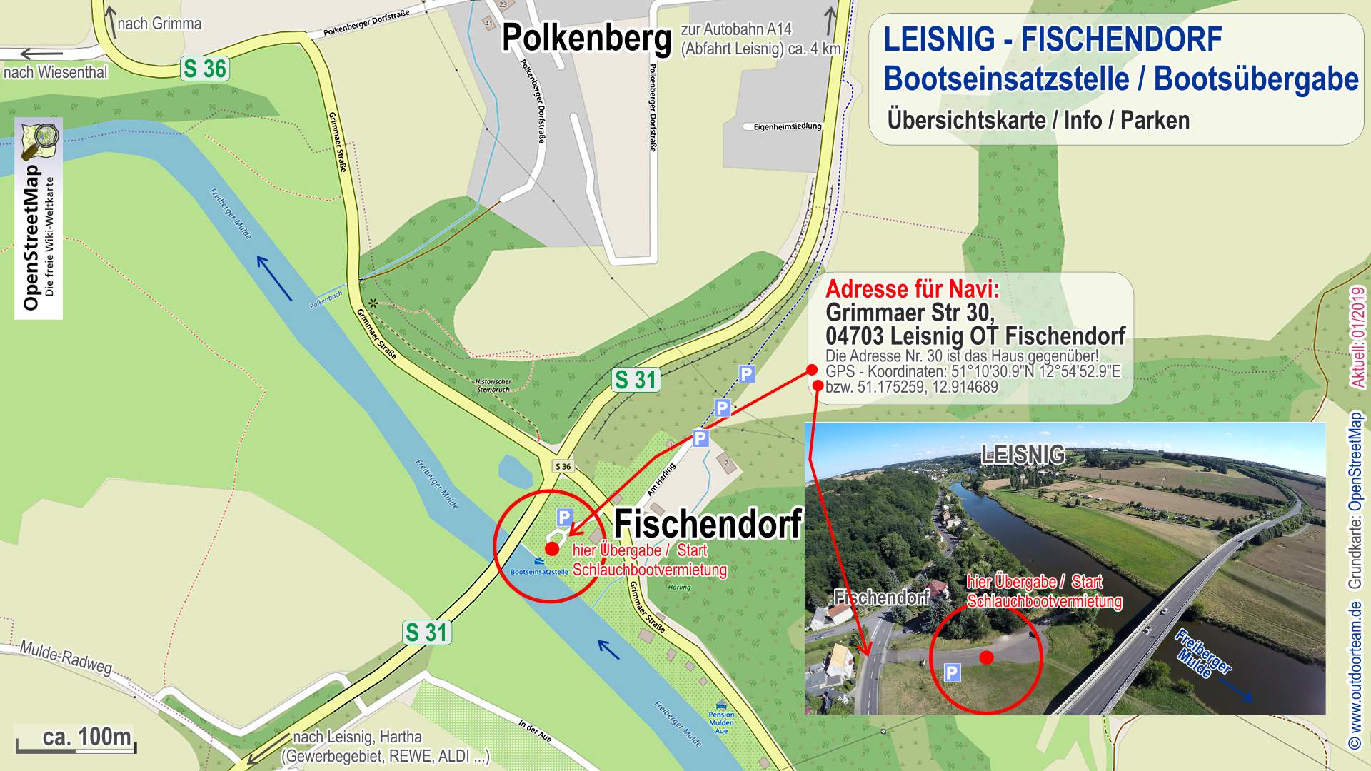 Übersichtskarte bzw. Stadtplan vom Treffpunkt und Tourstart der Schlauchboot - Grilltour in 04703 Leisnig Fischendorf