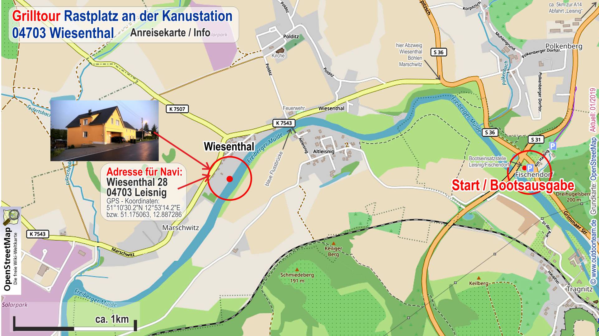 Detailkarte und Adressdaten vom Grillpicknick-Bereich  im Ort Wiesenthal - Schlauchboottour mit Grillpicknick auf der Freiberger Mulde.
