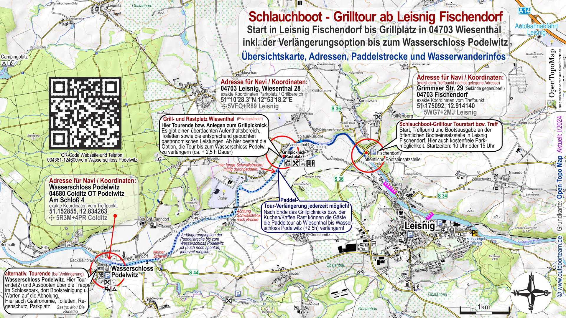 Tourverlauf Karte der Schlauchboot-Grilltour von Leisnig Fischendorf bis Wiesenthal oder Wasserschloss Podelwitz